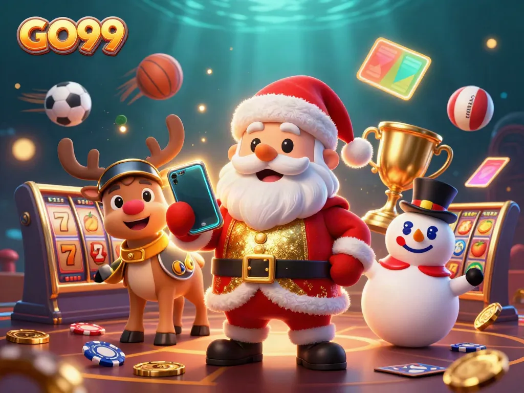 Experience excitement at GO99 with a lively scene featuring Santa, a reindeer dealer, and a snowman in a casino.