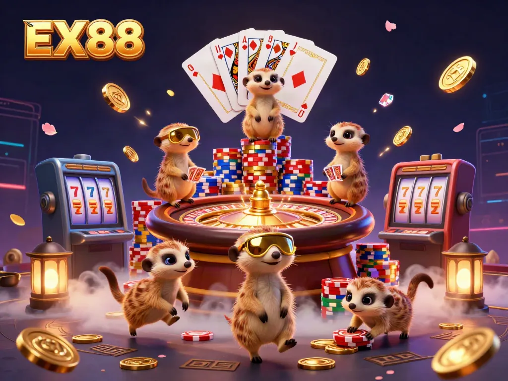 Experience the EX88 gaming excitement with meerkats running a vibrant casino operation.