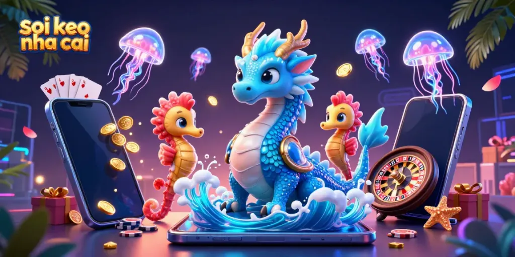 Engage with our dynamic 3D illustration of soi keo nha cai featuring a mystical dragon, seahorse knight, and vibrant casino elements.