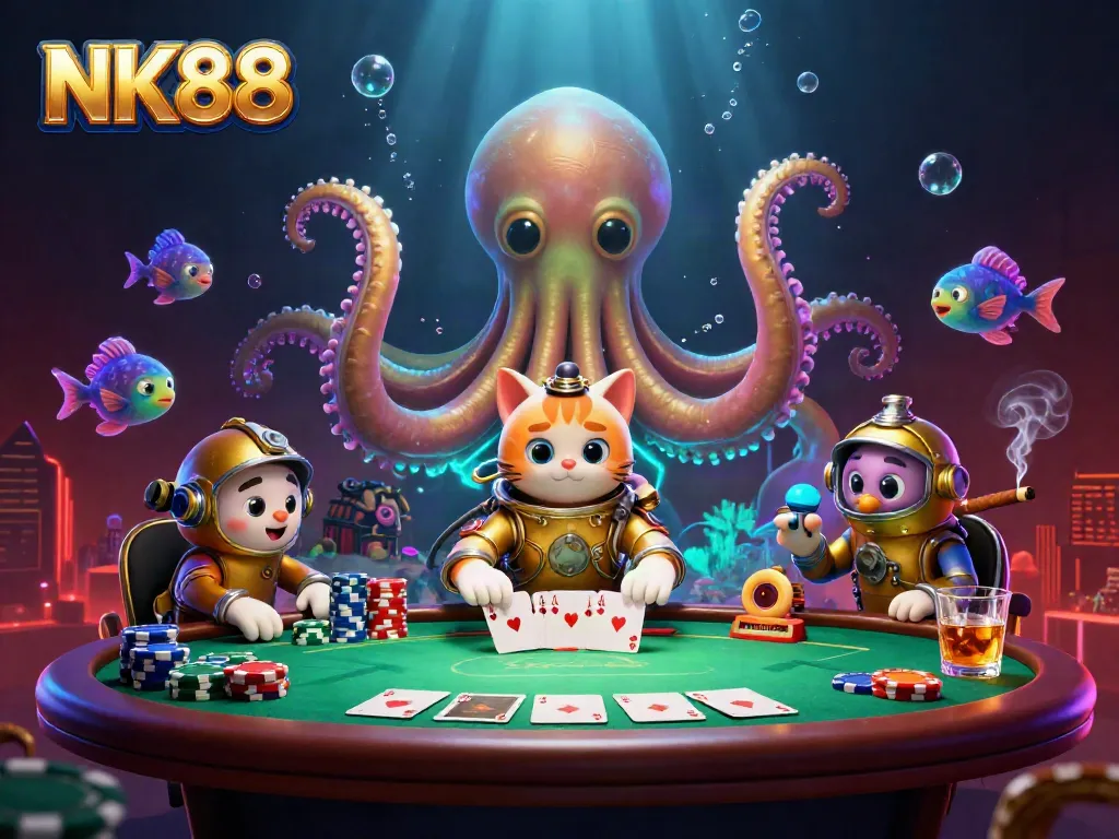 Engage in thrilling gameplay with NK88, depicted in a vibrant casino scene featuring poker tables and animated characters.