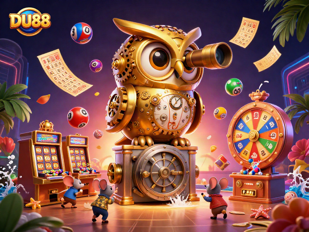 Engage in DU88 thrilling gameplay with vibrant elements like spinning prize wheels and bouncing lottery balls.