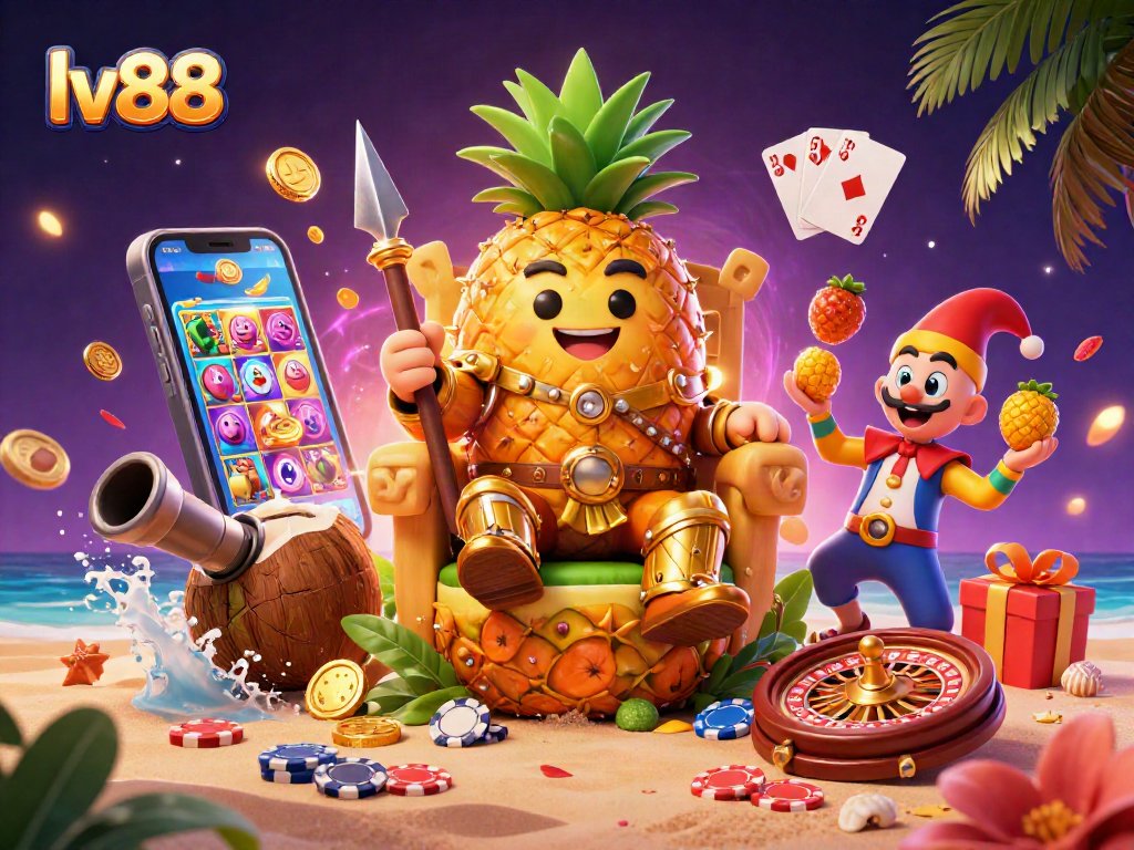 Experience winning thrills at lv88 with a lively casino scene featuring a pineapple king and gaming elements.