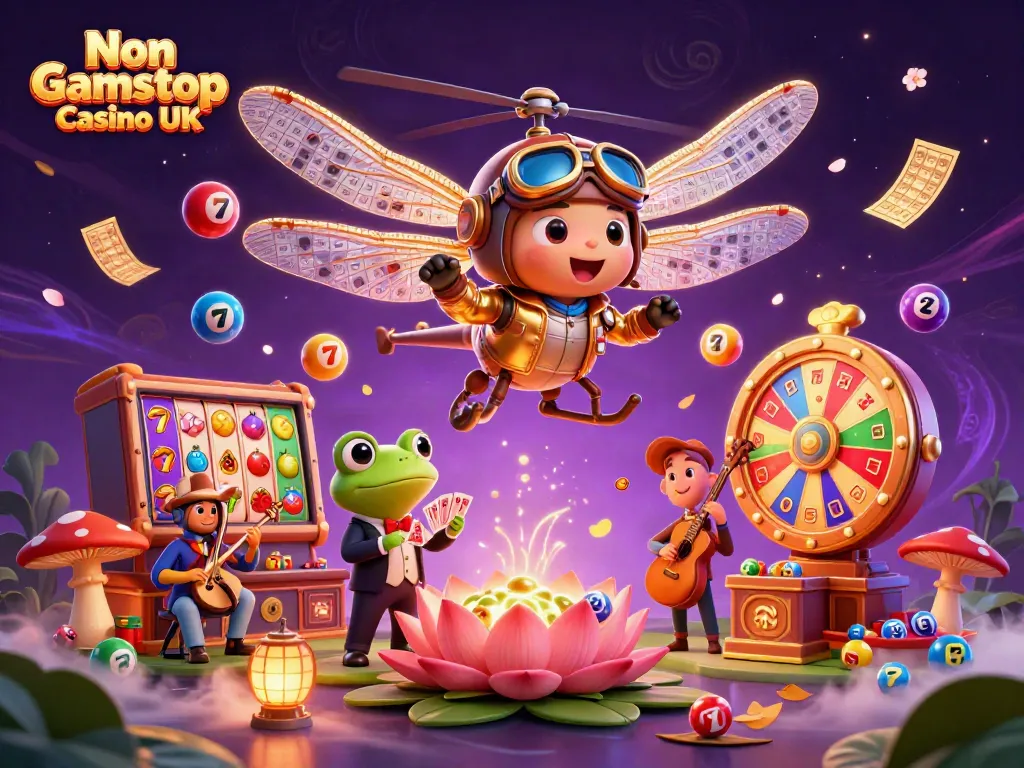Experience the thrill of Non Gamstop Casino UK with a vibrant 3D casino scene featuring a dragonfly pilot and a frog croupier.