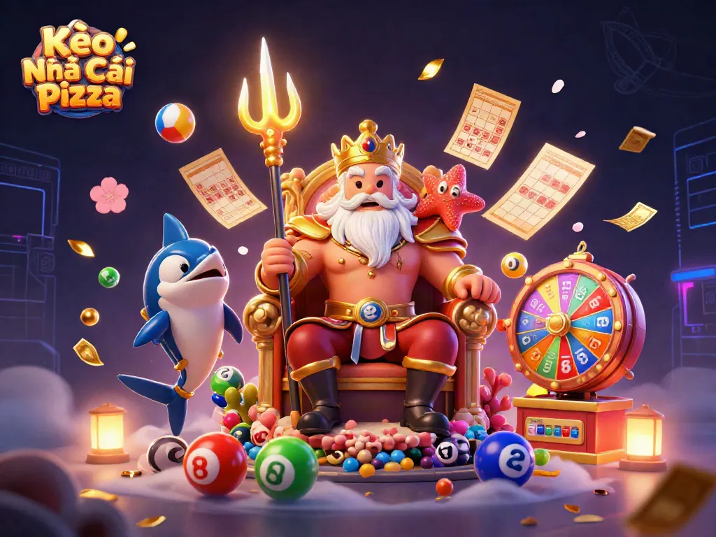 Kèo Nhà Cái Pizza showcases a vibrant scene with Neptune and gambling elements, creating an energetic casino atmosphere.