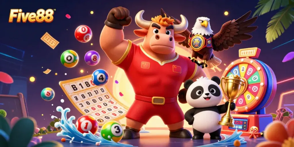 Experience the thrilling excitement of Five88 with vibrant cartoon characters celebrating gaming wins amidst dynamic elements.