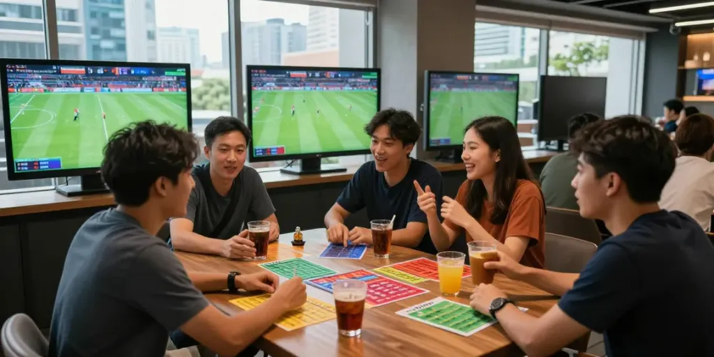 Group enjoying Taruhan Bola DewaGG betting in a lively sports lounge.