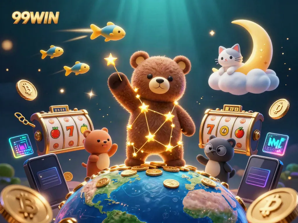 Experience the vibrant 99WIN universe with a 3D casino-themed illustration showcasing characters and gambling elements.