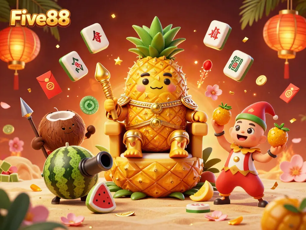 Experience excitement at Five88 with a playful gaming scene featuring vibrant characters and festive symbols.