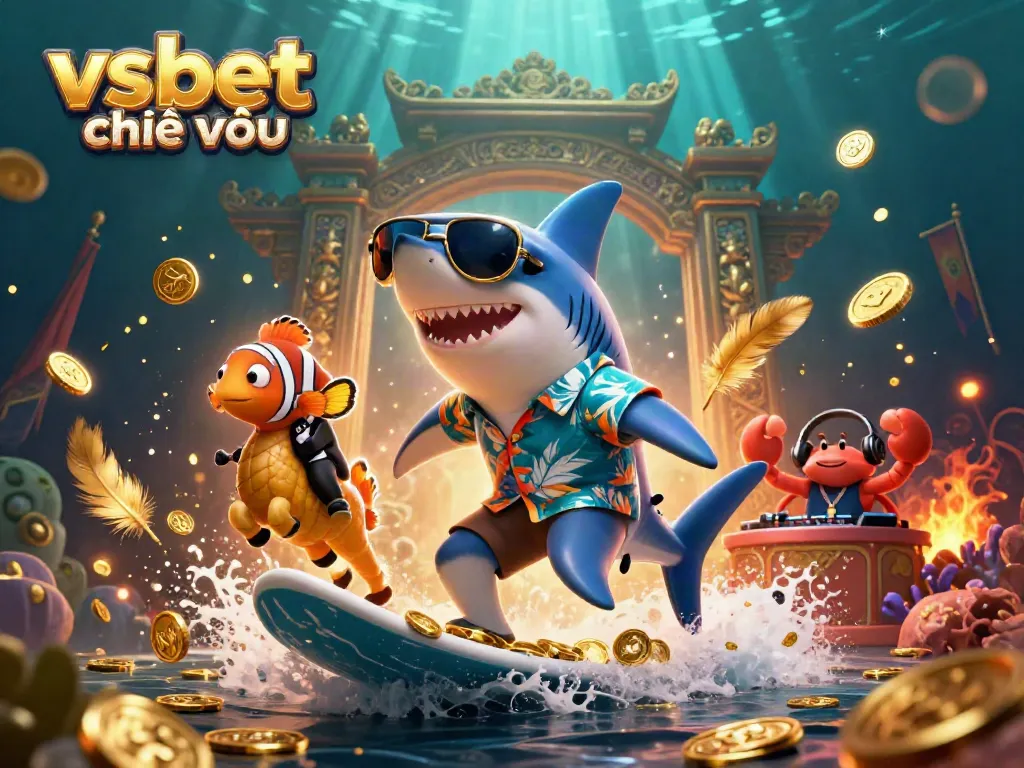 Experience thrilling wins at vsbet chính thức with a dynamic underwater gambling scene featuring cartoon characters and gold coins.