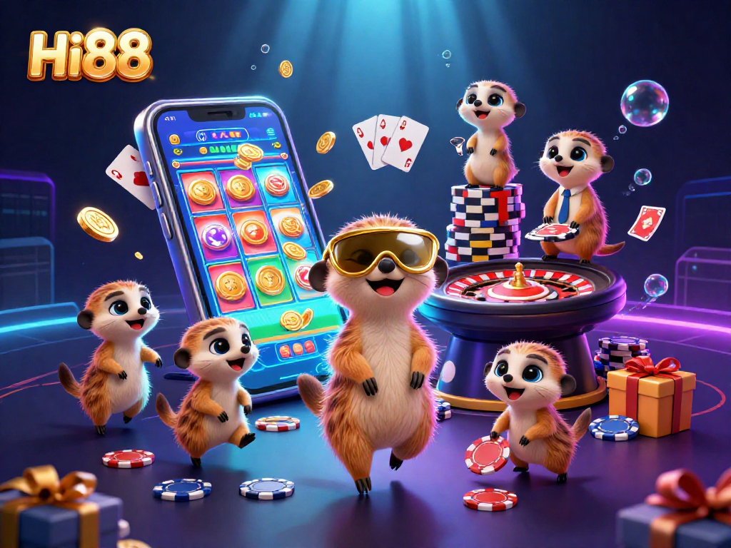 Experience Hi88 in a lively casino scene with meerkats, exciting gameplay, and vibrant visuals.