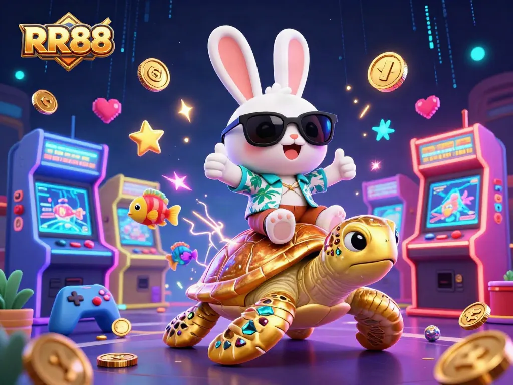Play at RR88 and enjoy vibrant casino games, slot machines, and jackpots with a lucky rabbit and a sea turtle.