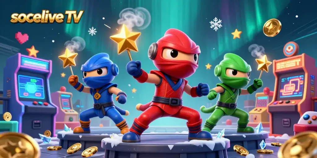 Synchronize with socolive TV's chameleon ninjas among vibrant casino elements for epic gaming action.