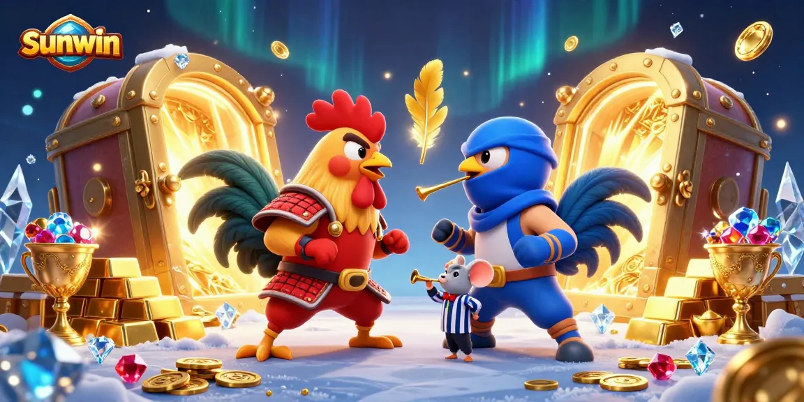 sunwin fights for treasure in a dynamic 3D scene with roosters and gold