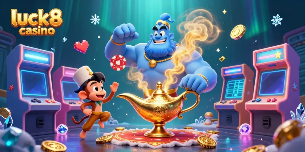 Experience the excitement of luck8 casino with a 3D genie, monkey, and poker chips in a dazzling scene.