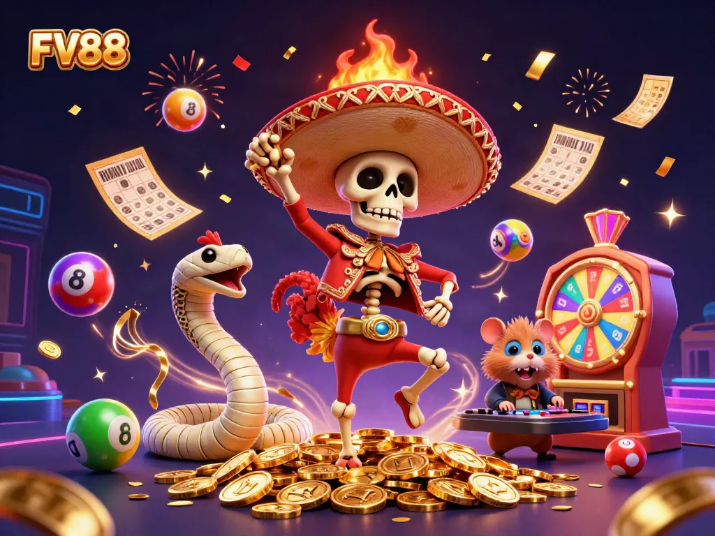 Experience the thrill of FV88 with a vibrant digital casino scene featuring playful characters and elements.