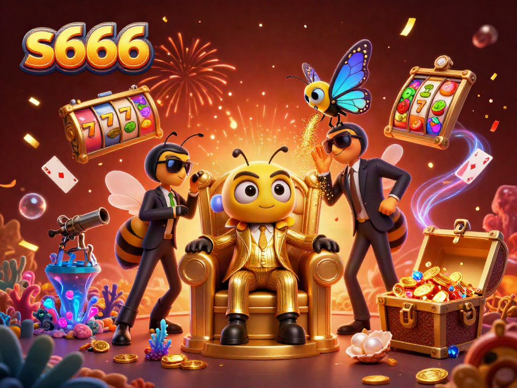 Experience the excitement of s666 slots with vibrant characters and treasure in a dramatic casino scene.