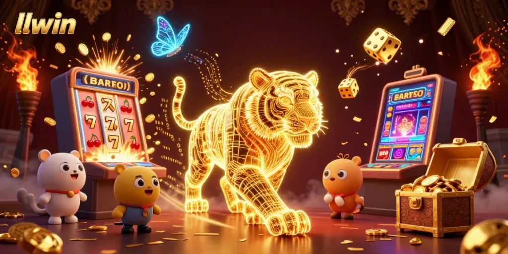 Experience thrilling wins with llwin's spectacular 3D casino adventure featuring a golden tiger and slot machines.