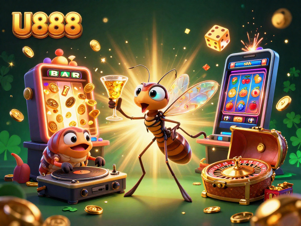 U888 casino gaming scene featuring a mascot, DJ, and roulette wheel bursting with excitement.