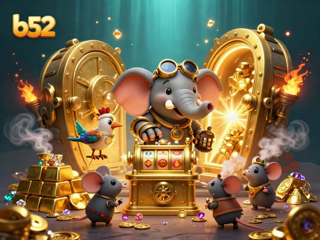 Experience thrilling wins at B52 with a steampunk elephant and a golden slot machine.