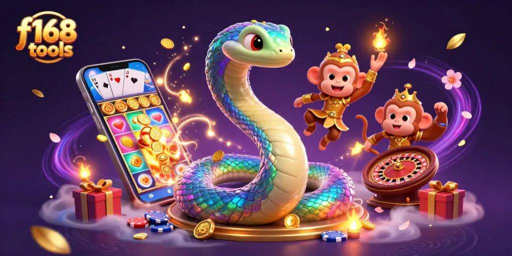 Experience immersive gaming with f168 tools amidst a shimmering casino wonderland, celebrating victory and fortune.