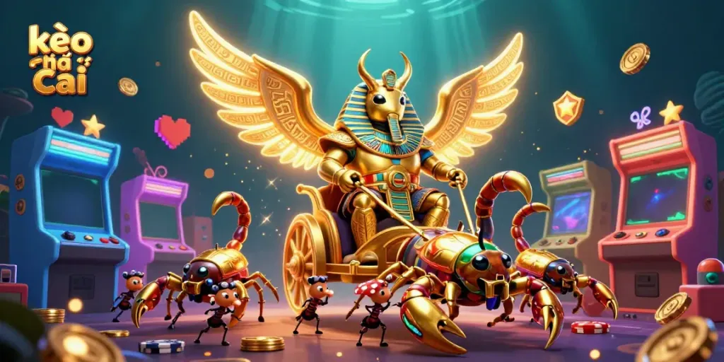 Engage with kèo nhà cái in this lively 3D illustration featuring a golden scarab beetle and scorpions amidst casino elements.