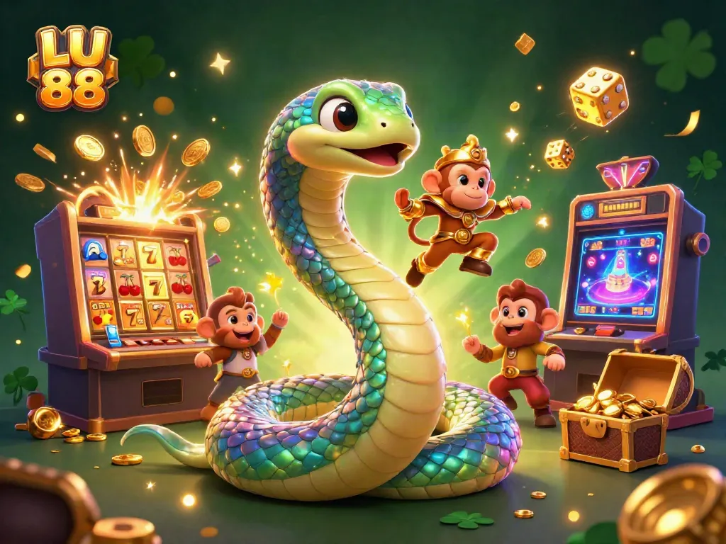Savor the excitement at LU 88 with a vibrant casino scene featuring colorful characters, slot machines, and golden treasures.
