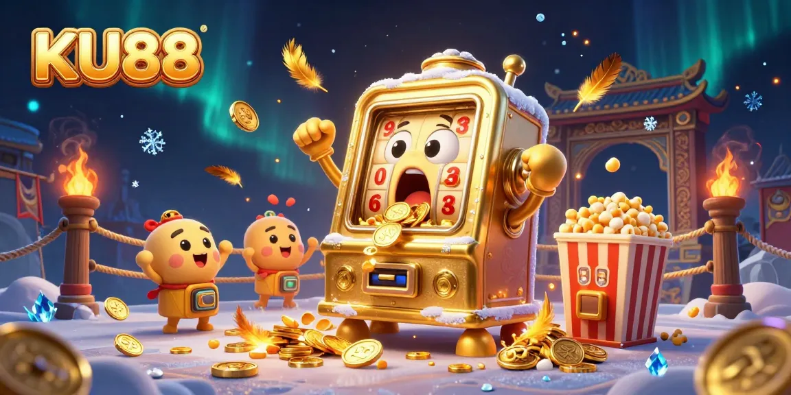 Experience the excitement of KU88 with a golden slot machine hitting its jackpot, surrounded by baby machines and coins.