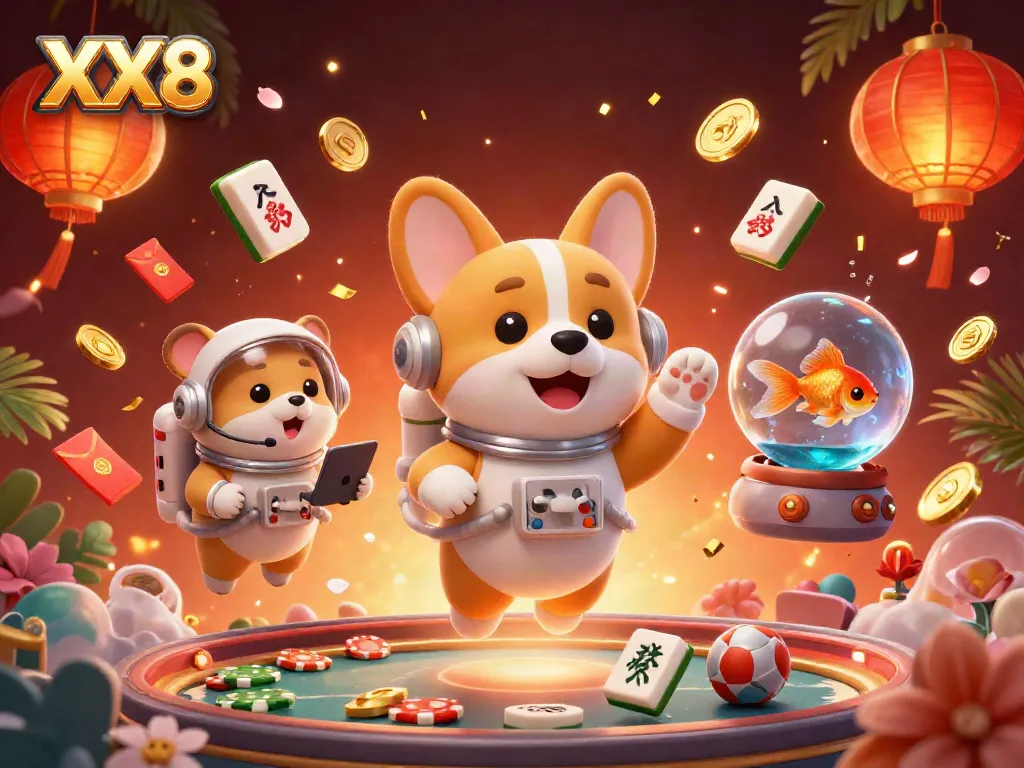 The XX8 spacestation casino scene depicts a floating astronaut corgi, mission-control hamster, and goldfish amidst colorful gaming elements.