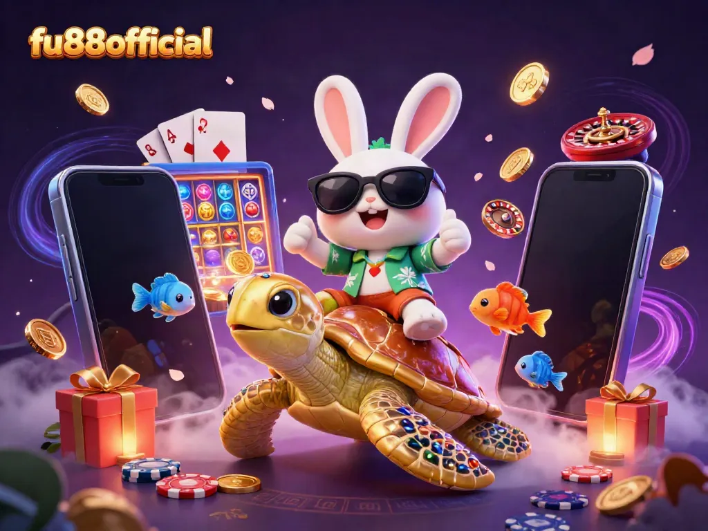 Engage with fu88offical's gaming magic, featuring a playful rabbit enjoying beach vibes and slot games.