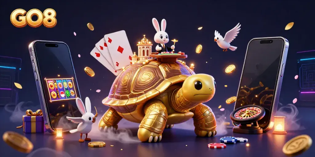 Engage in the vibrant world of gaming with GO8's 3D cartoon casino scene featuring a golden tortoise.