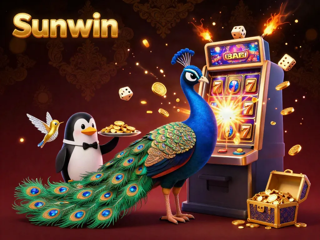 Engage with Sunwin's vibrant casino experience featuring an aristocratic peacock and golden elements amidst a jackpot explosion.