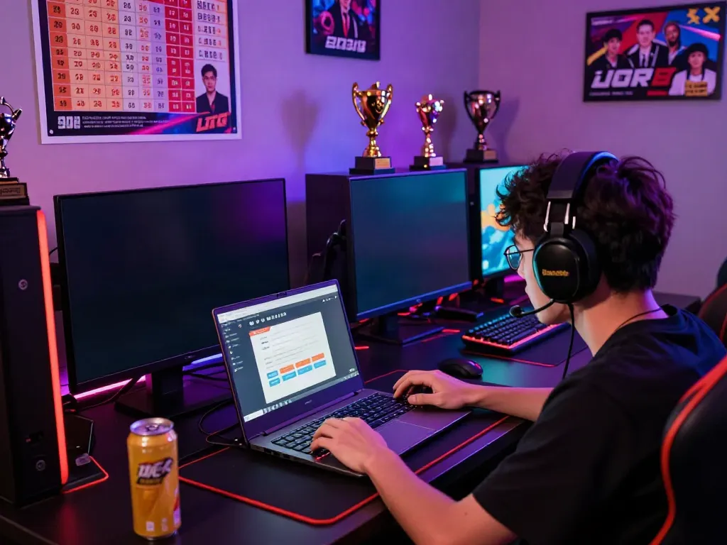 Dewatogel Link Alternatif displayed on a laptop in a vibrant gaming setup showing accessories and trophies.