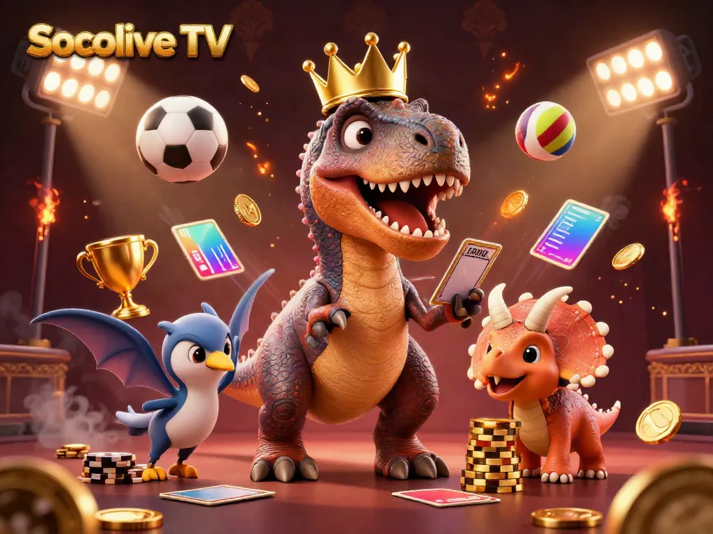 Experience the excitement of Socolive TV with vibrant characters and dynamic sports elements in this 3D casino scene.