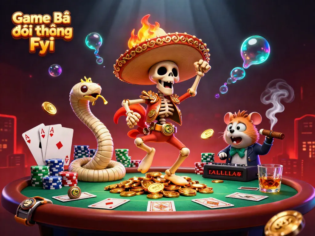 Engage with the vibrant scene of Game Bài Đổi Thưởng Fyi featuring a skeleton mariachi rooster and gold coins.