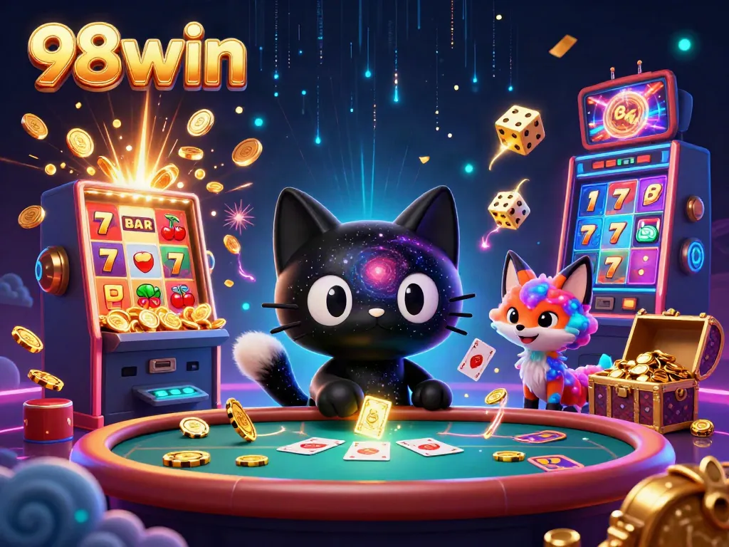 A dynamic scene showcasing the 98win black hole cat and nebula fox surrounded by explosive casino elements.
