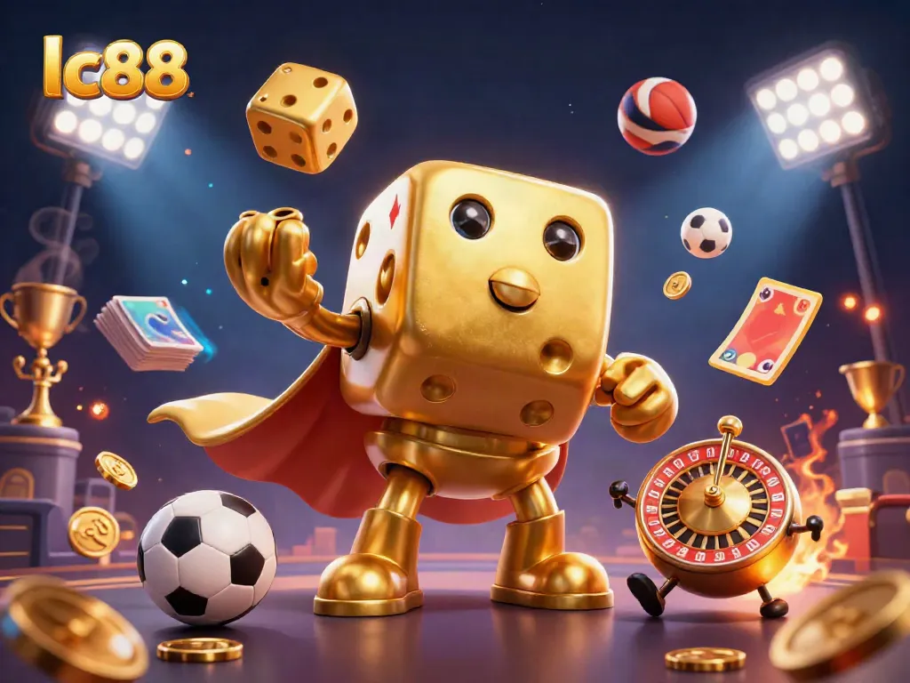 Engage in thrilling gaming at lc88 with a captivating 3D casino scene featuring dynamic golden dice and sports elements.