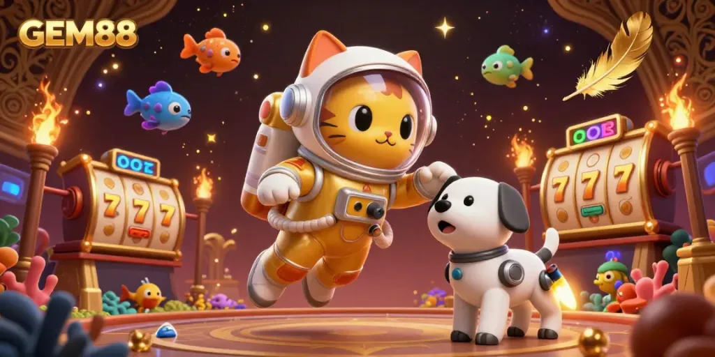 Experience thrilling wins at GEM88 with a 3D astronaut cat and robot dog amidst a vibrant online casino scene.