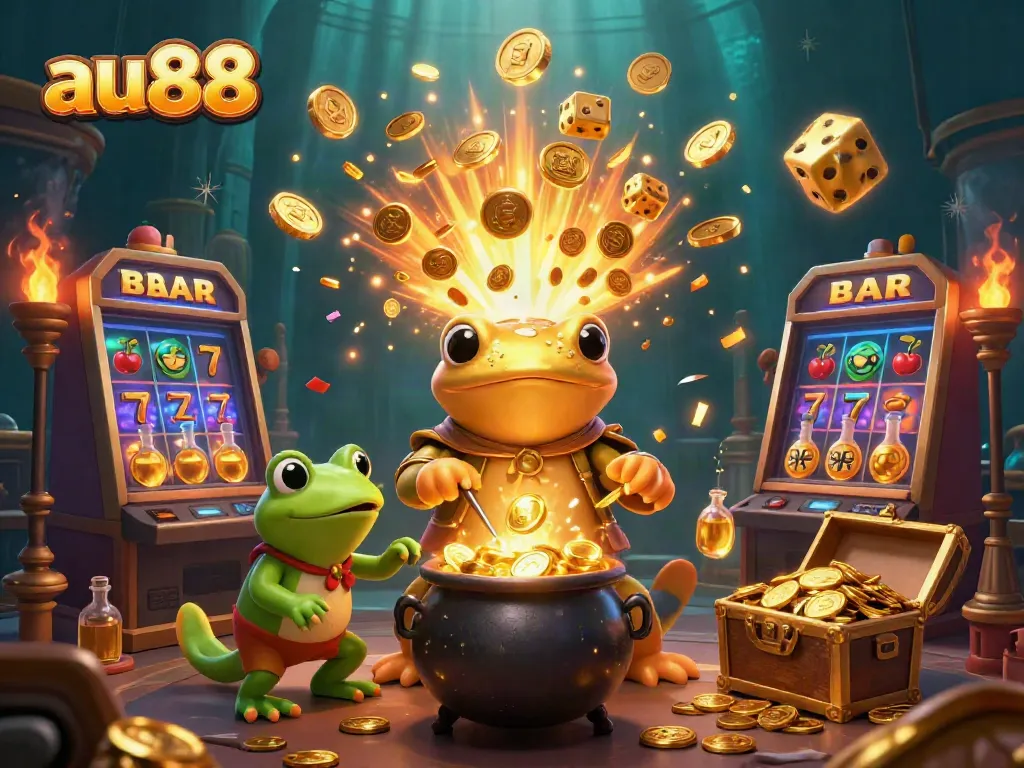 Win big with au88 in this vibrant casino-inspired illustration of alchemy and treasures.