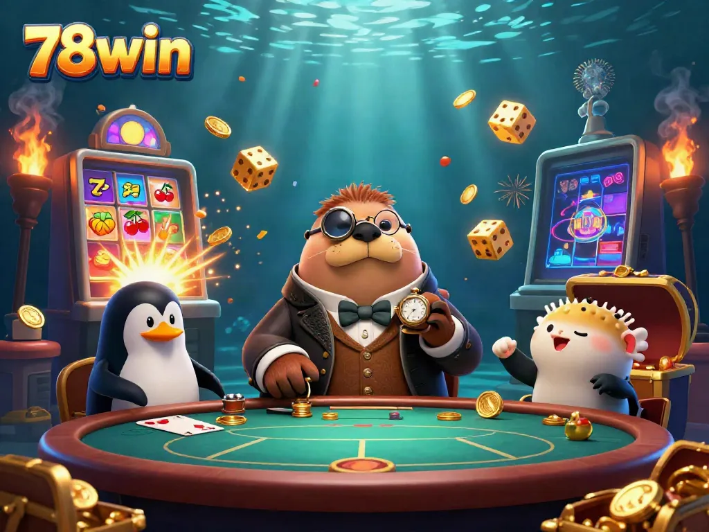 Experience the excitement at 78win with engaging characters and vibrant casino elements in a captivating underwater scene.