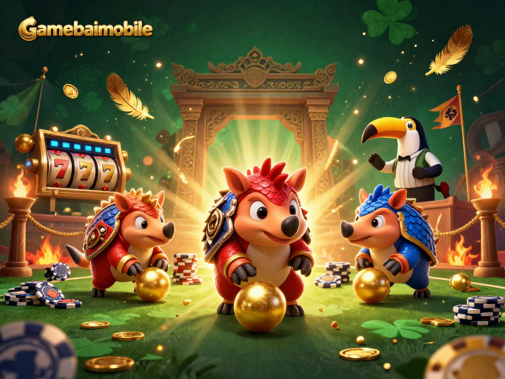 Experience thrilling slot action with gamebaimobile, featuring rival pangolins in a dynamic casino scene.