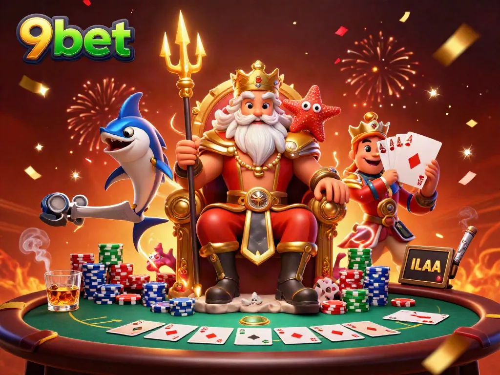 Experience thrilling gameplay at 9bet with Neptune and samurai amid a vibrant casino scene.