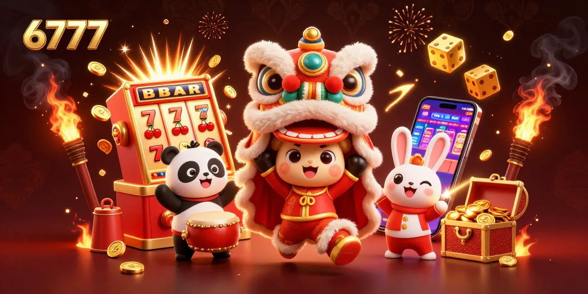 Play and win at 6777 with vibrant slot machines, games, and exciting characters in a dynamic casino illustration.