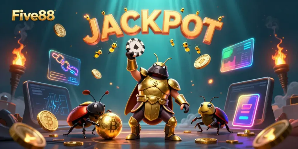 Five88 features a hercules beetle celebrating jackpot wins with vibrant coins and blockchain elements.