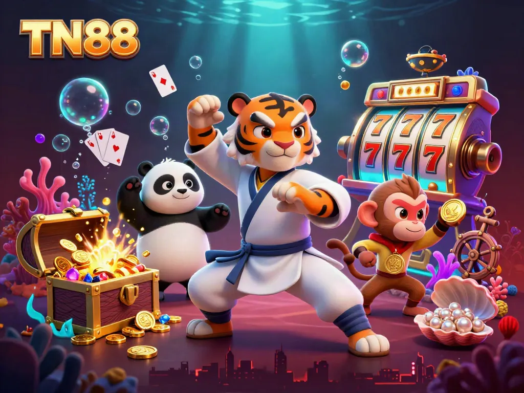 Engage in high-stakes gameplay at TN88 with cartoon characters in an exhilarating casino scene.