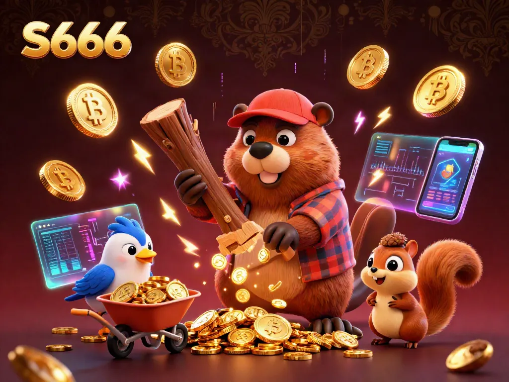 S666 offers an engaging casino adventure with cartoon characters collecting coins amidst digital assets.