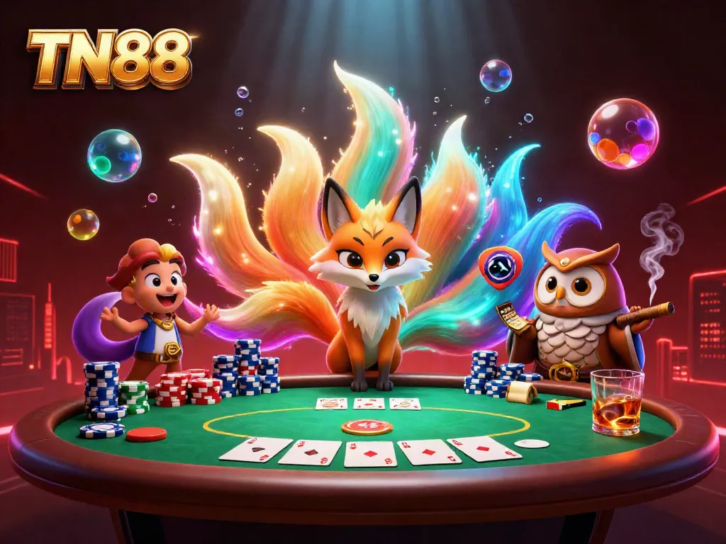 Engage with TN88's vibrant casino atmosphere featuring colorful gaming elements under a mystical glow.