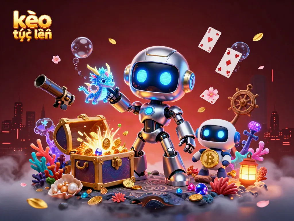 Engage in kèo trực tuyến with a vibrant scene of a cyberpunk robot and AI companions among riches.