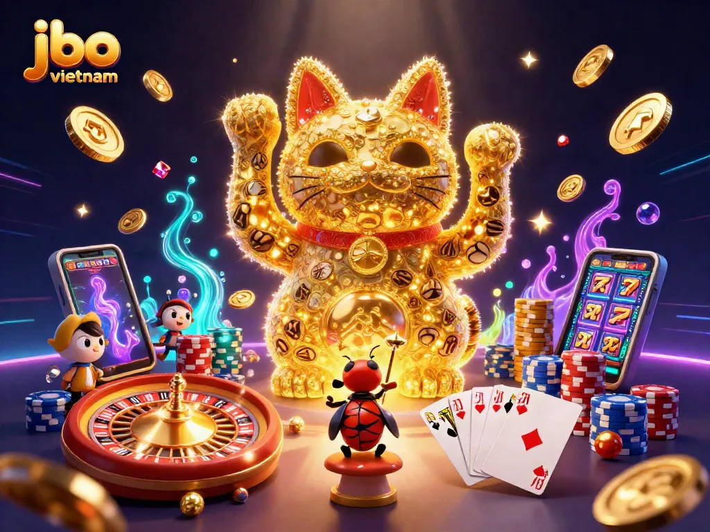 Experience the excitement of jbo vietnam with a dazzling lucky cat 3D illustration amidst casino symbols and coins.