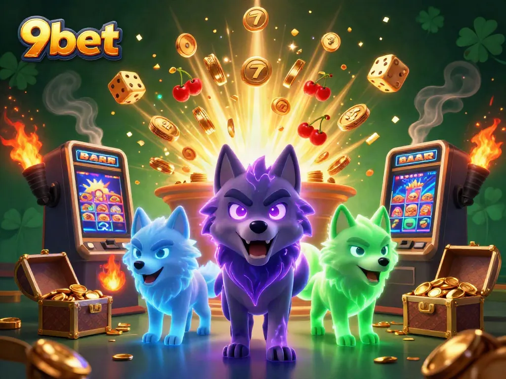 Experience thrilling slots with 9bet's animated casino scene featuring wolf characters and jackpot symbols.
