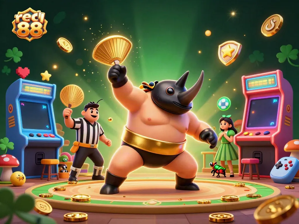 Engage in exciting gameplay at red 88 while golden coins fly from a cartoon sumo beetle champion.
